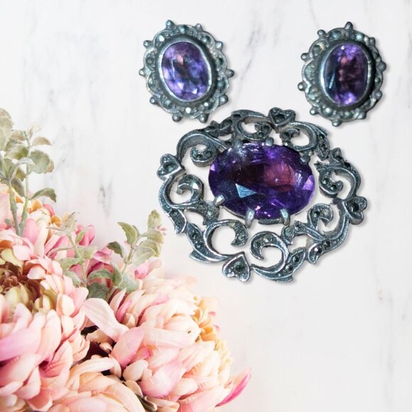 Antique Sterling 925 Silver Amethyst Marcasite Brooch And Earrings Set - Picture 1 of 8